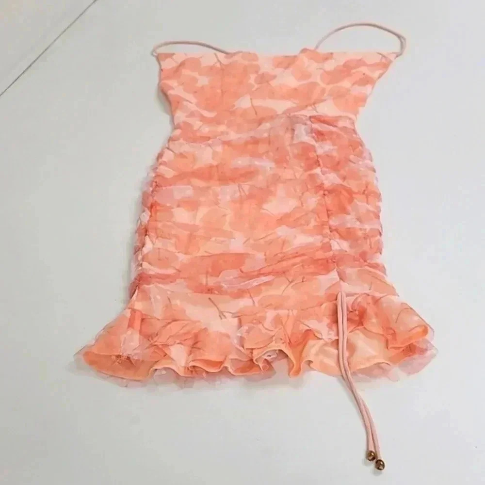 Hello Molly Orange Size XS Printed Ruched Short Sleeveless Dress